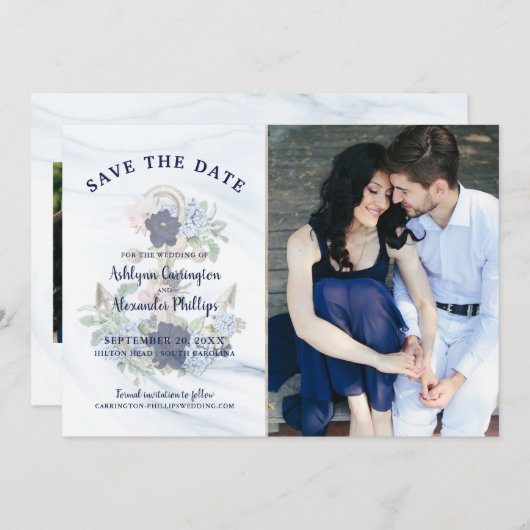 水航海の色フローラいかりネイビーブルーフォト セーブザデート (正面/裏面)