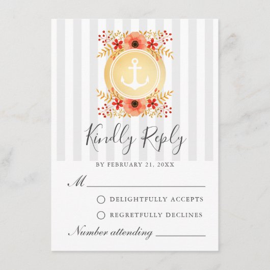 水航海の色フローラ金ゴールドいかりRSVPカード アドバイスカード (正面)