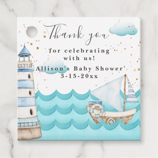 水航海の色ベビーシャワースクエアメッセージカード フェイバータグ (正面)