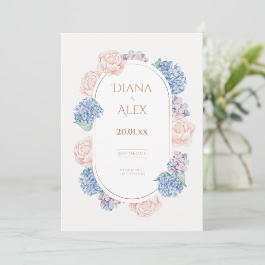 水色あじさい牡丹は日付を保存結婚する 招待状 (スタンド正面)