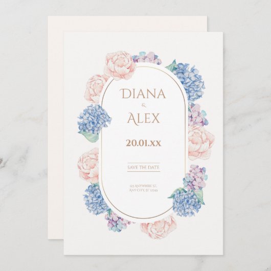 水色あじさい牡丹は日付を保存結婚する 招待状 (正面/裏面)
