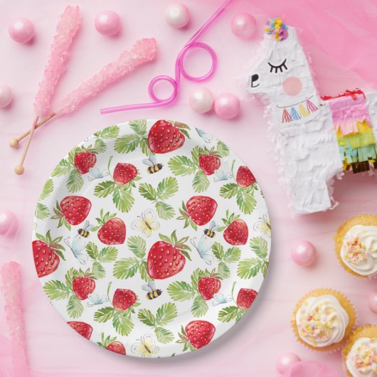 水色いちご果実，ミツバチと蝶 ペーパープレート (パーティー)