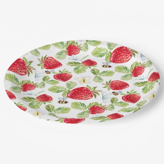 水色いちご果実，ミツバチと蝶 ペーパープレート (アングル)