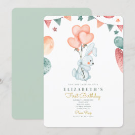 水色うさぎ可愛いバロン1st誕生日 招待状