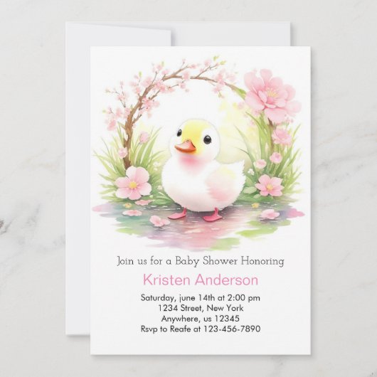 水色お洒落ピンクのアヒルの女の子ベビシャワー 招待状 (正面)