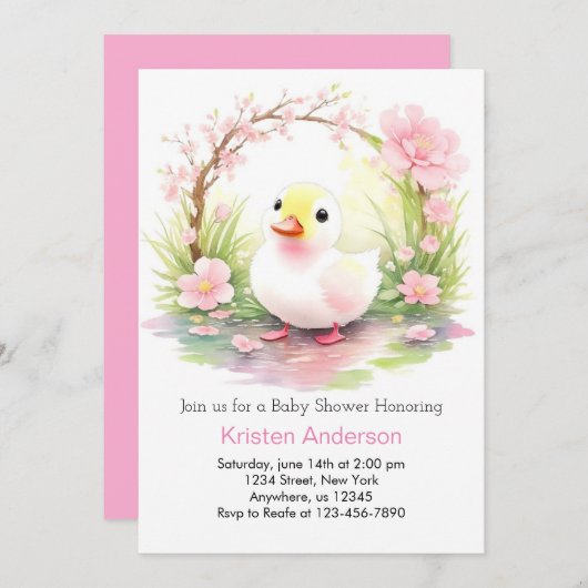 水色お洒落ピンクのアヒルの女の子ベビシャワー 招待状 (正面/裏面)