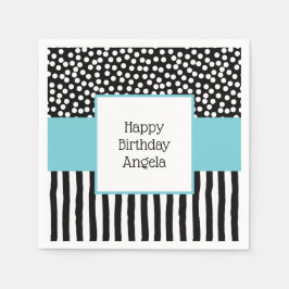 水色お洒落付き白黒パターン スタンダードカクテルナプキン