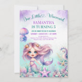 水色お洒落紫色の人魚5歳の誕生日 招待状 (正面)