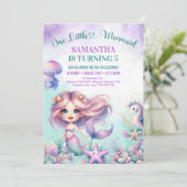 水色お洒落紫色の人魚5歳の誕生日 招待状 (スタンド正面)