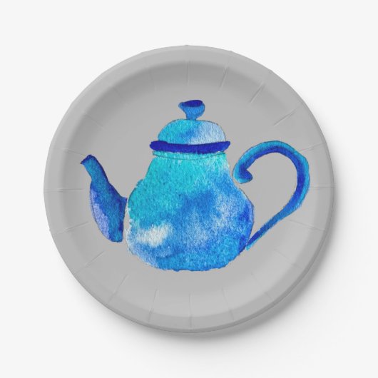 水色お洒落青ティーポット ペーパープレート (正面)