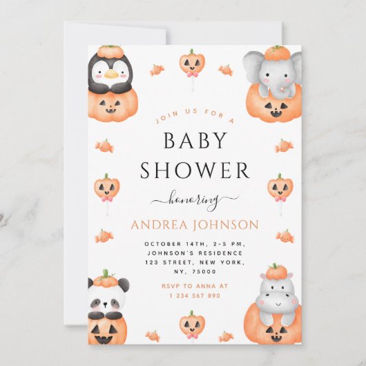 水色かぼちゃの動物ハロウィンベビーシャワー 招待状 (正面)