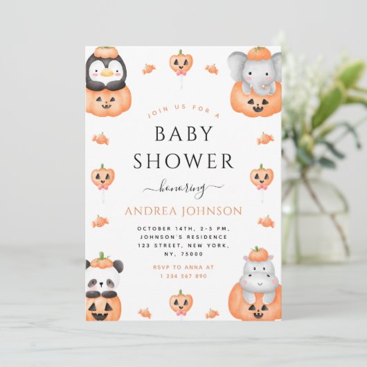 水色かぼちゃの動物ハロウィンベビーシャワー 招待状 (スタンド正面)