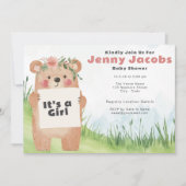 水色かわいいクマ女の子ピンクのベビーシャワー 招待状 (正面)