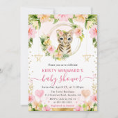 水色かわいいピンクのジャングルタイガーベビーシャワー 招待状 (正面)