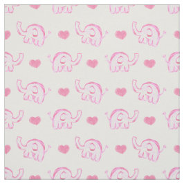 水色かわいいピンクのゾウとハート ファブリック
