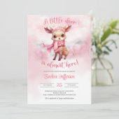 水色かわいいピンクのトナカイ冬の女の子 招待状 (スタンド正面)