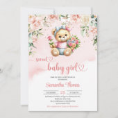 水色かわいい女の子テディベアの花 招待状 (正面)
