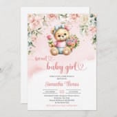 水色かわいい女の子テディベアの花 招待状 (正面/裏面)