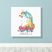 水色かわいい虹のユニコーン キャンバスプリント (インサイチュ (ウッドフロア))