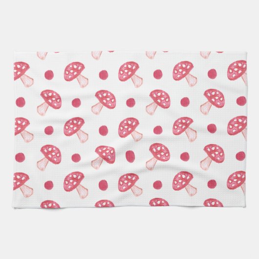 水色かわいい赤いキノコと水玉模様 キッチンタオル (横)