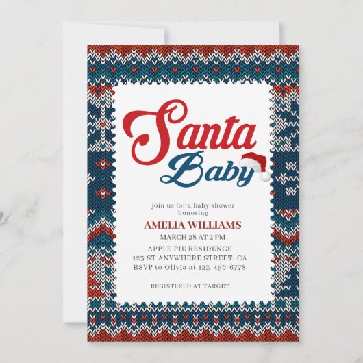 水色かわいい赤サンタベビー赤ちゃんシャワー 招待状 (正面)