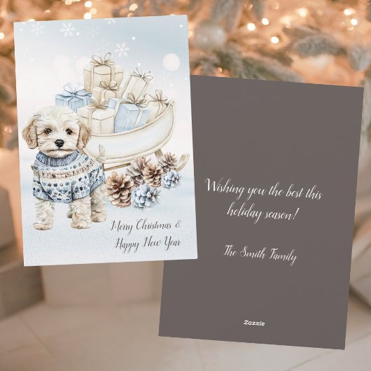 水色かわいい&居心地の良い小さな白い犬ハッピーホワイト シーズンカード