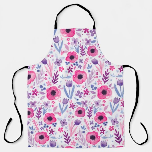 水色かわいらしの花柄。手絵を描P エプロン (正面)