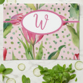 水色かわいらしピンクのチューリップフローラ キッチンタオル (折り畳み)