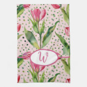 水色かわいらしピンクのチューリップフローラ キッチンタオル (縦)