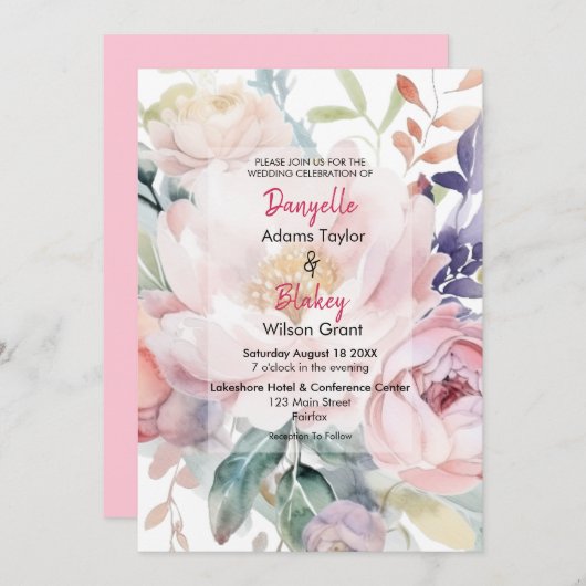 水色かわいらしピンクパープルフローラ結婚ズ 招待状 (正面/裏面)