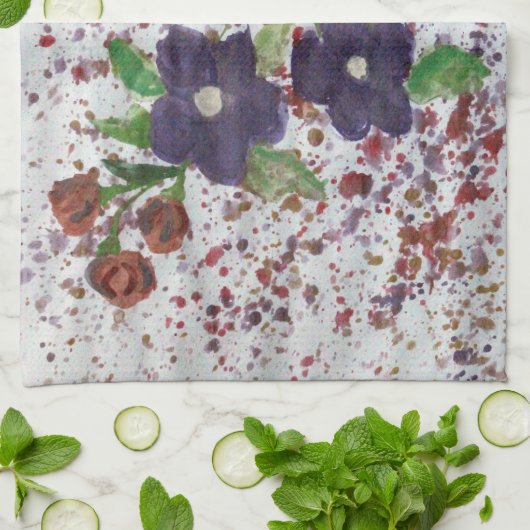 水色かわいらしフローラ茶タオル キッチンタオル (折り畳み)