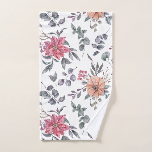 水色かわいらしポインセチアとユーカリ バスタオルセット (ハンドタオル)