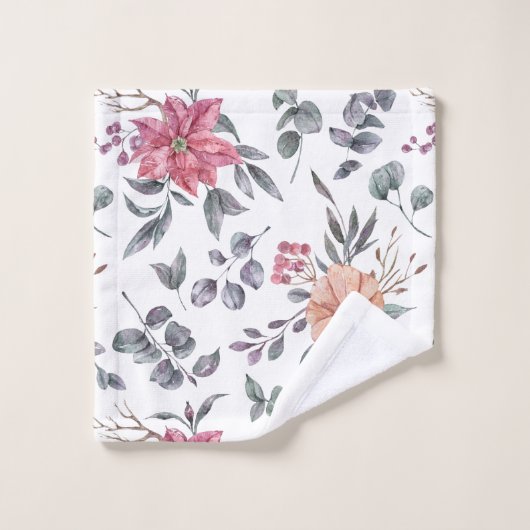 水色かわいらしポインセチアとユーカリ バスタオルセット (ウォッシュタオル)