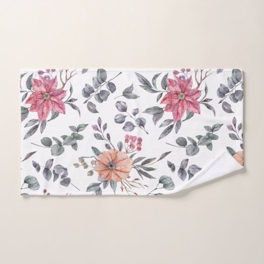 水色かわいらしポインセチアとユーカリ バスタオルセット (ハンドタオル)