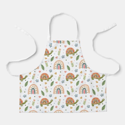水色かわいらし亀とレインボーパターン エプロン (正面)