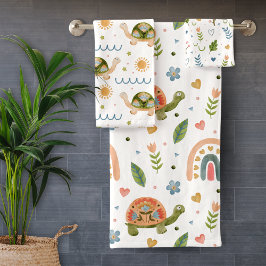 水色かわいらし亀とレインボーパターン バスタオルセット