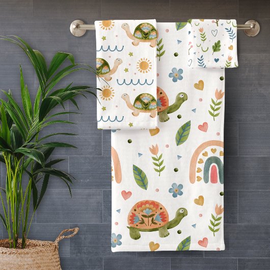 水色かわいらし亀とレインボーパターン バスタオルセット
