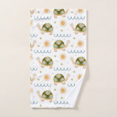 水色かわいらし亀とレインボーパターン バスタオルセット (ハンドタオル)