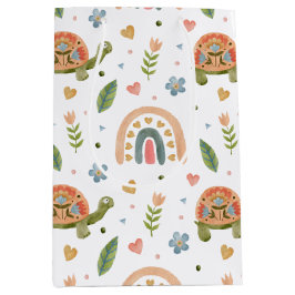 水色かわいらし亀とレインボーパターン ミディアムペーパーバッグ