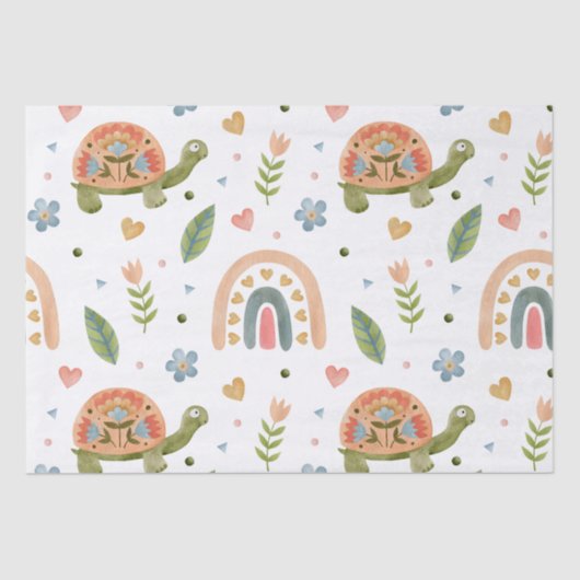 水色かわいらし亀とレインボーパターン 薄葉紙 (正面)