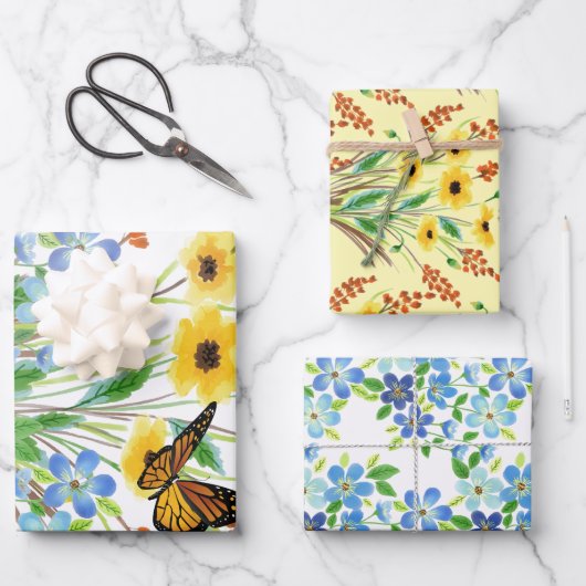 水色かわいらし青・黄の花 ラッピングペーパーシート (正面)