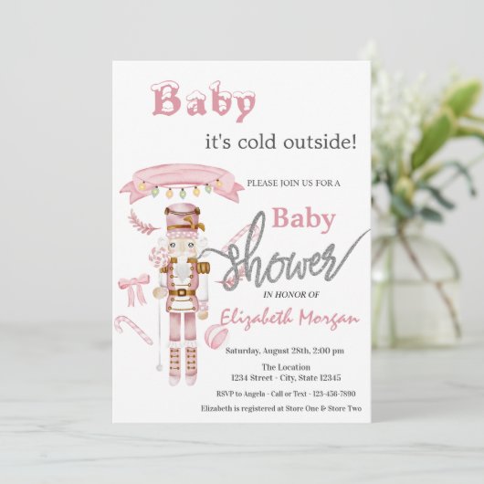 水色くるみ割りピンク赤ちゃんシャワー 招待状 (スタンド正面)