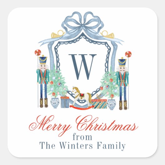 水色くるみ割りモノグラムクレストクリスマス スクエアシール (正面)