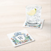 水色くるみ割りモノグラムクレストクリスマス スクエアペーパーコースター (インサイチュ)