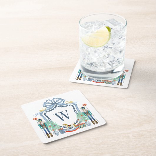 水色くるみ割りモノグラムクレストクリスマス スクエアペーパーコースター (インサイチュ)