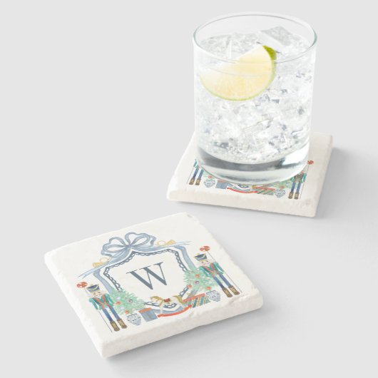 水色くるみ割りモノグラムクレストクリスマス ストーンコースター (横)