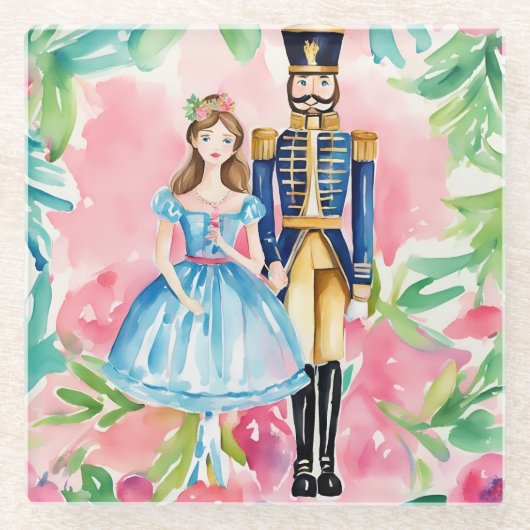 水色くるみ割り器とクララクリスマス ガラスコースター (正面)