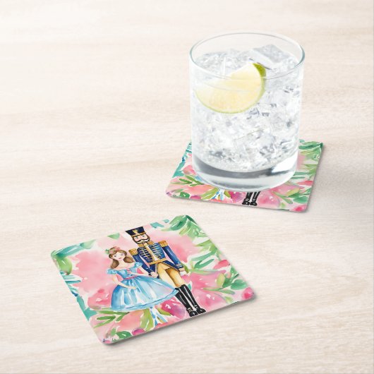 水色くるみ割り器とクララクリスマス スクエアペーパーコースター (インサイチュ)