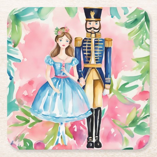 水色くるみ割り器とクララクリスマス スクエアペーパーコースター