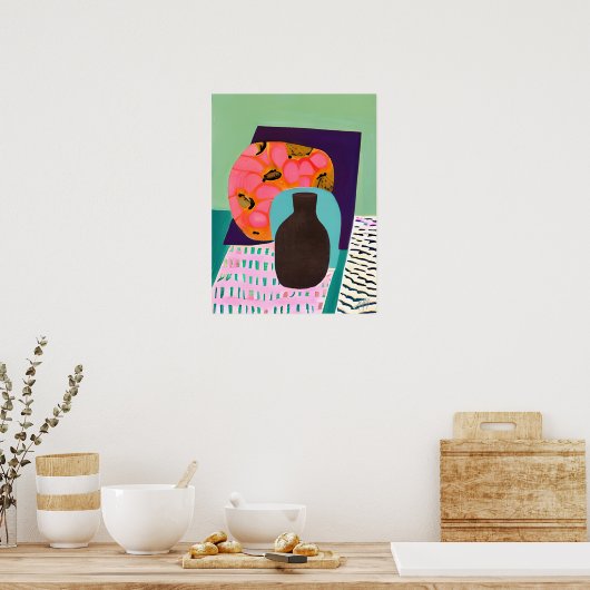 水色とオレンジ色の花瓶とテーブルの設定を禁止 ポスター (キッチン)